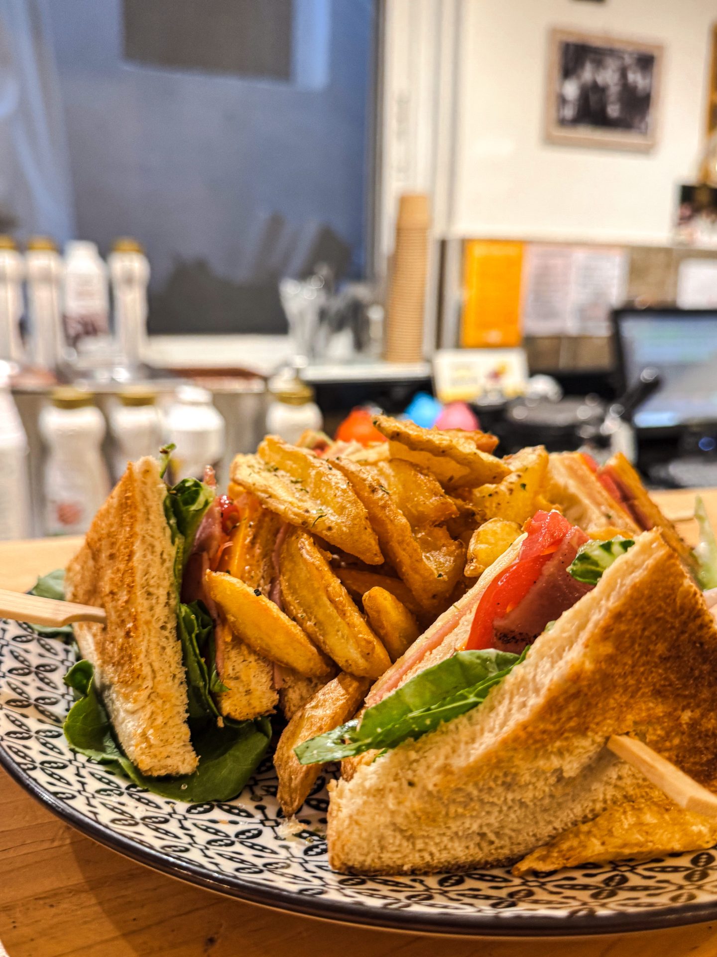 Club sandwich with chicken fillet at Fabricia Café, Spili