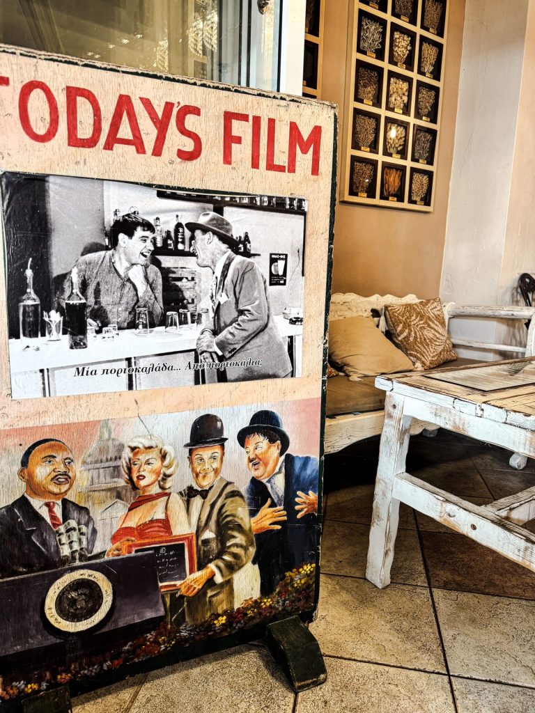 Traditional Cretan breakfast with fresh bread, jam and mountain tea at Fabricia Café, Spili